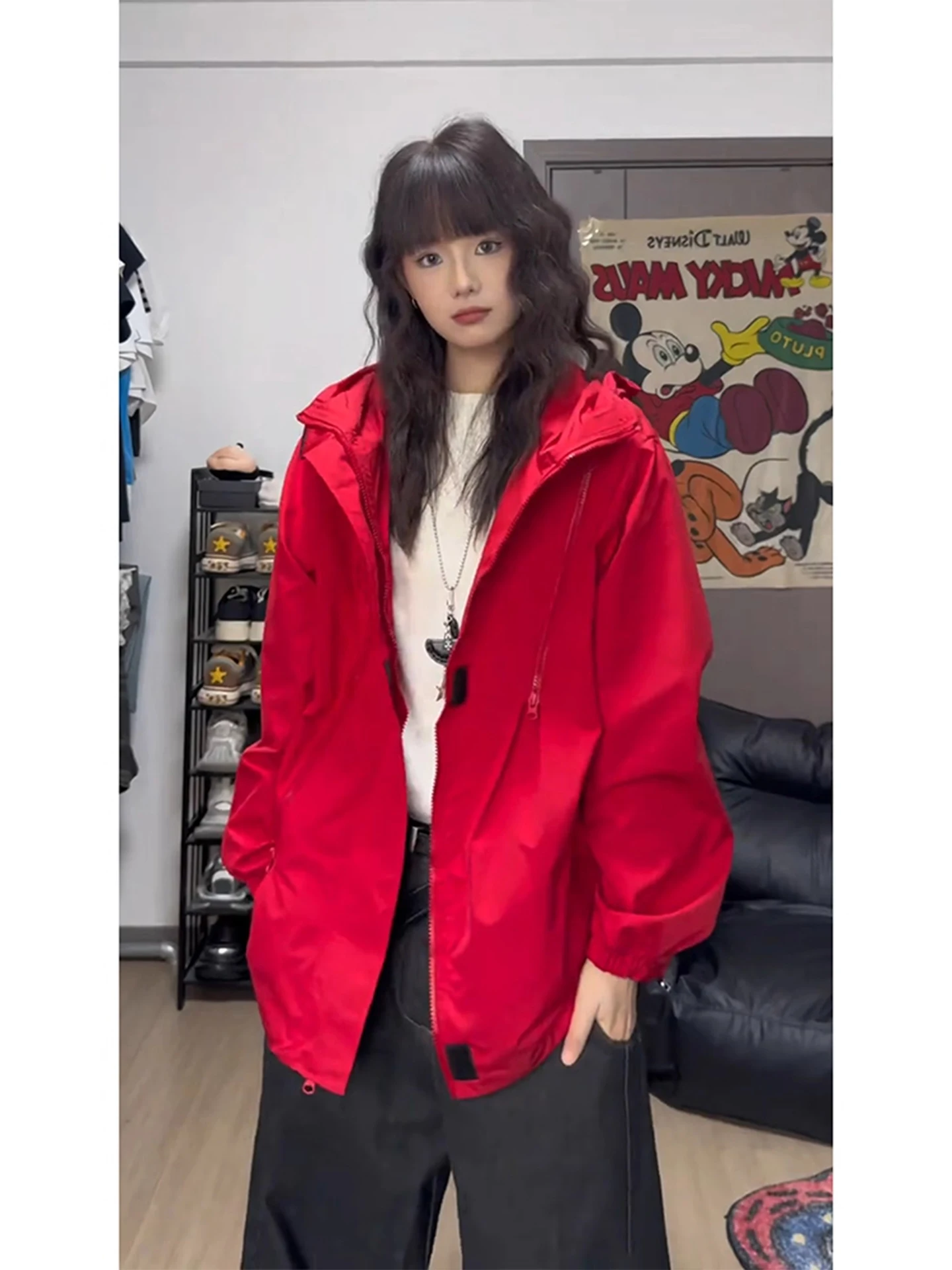 Red Three-Proof Zipper Hooded Men's Jacket for Autumn Outdoor Climbing Sports American Retro Coat Waterproof And Durable