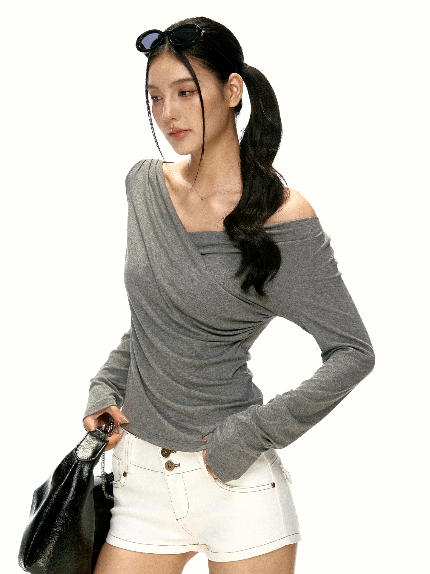 Gray Asymmetric Slim Fit Long Sleeve T-Shirt Women's Initial Autumn Design Sense Pleated Base Layer Hot Girl Top