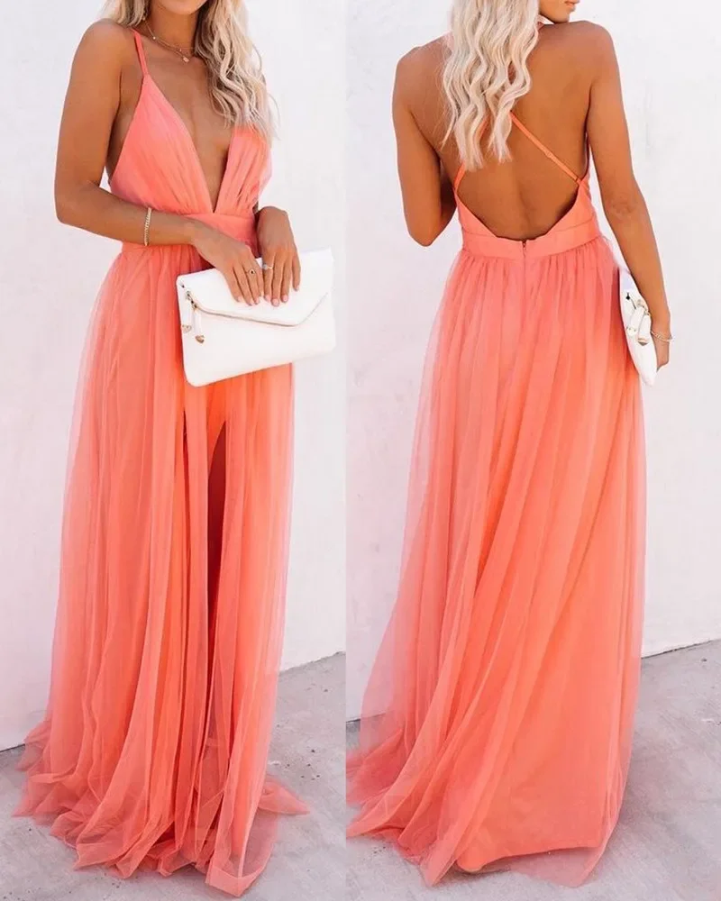 فساتين ماكسي أنيقة على شكل حرف v بدون ظهر من الدانتيل للنساء فستان سهرة مثير لوصيفة العروس وحفلات الزفاف فستان طويل سهل الارتداء لحفلات الولائم