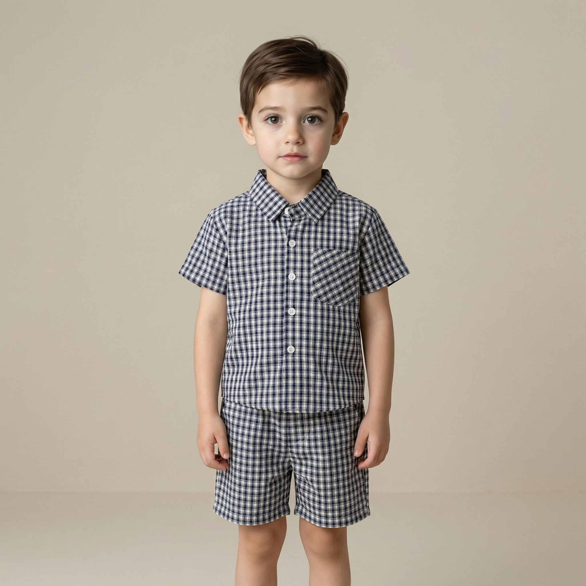 2026 Neues Sommer-Freizeitset für Kinder: Kariertes Kurzarmhemd + Shorts mit Gummibund, 2-teiliges Outfit aus dünner Baumwolle für Jungen