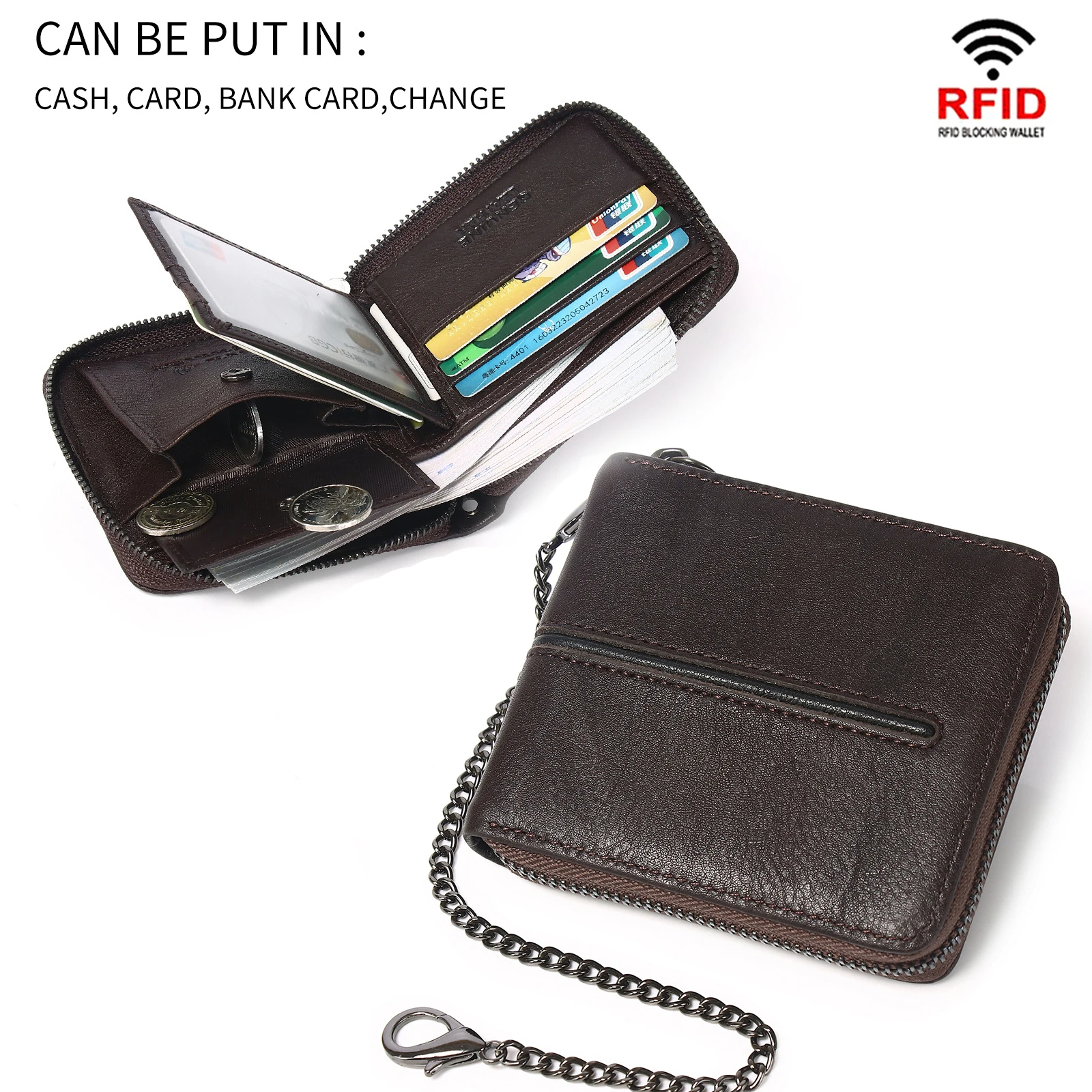 

Men's Wallet Genuine Leather Zip Wallet Rfid Purse With Chain and Coin Card Pockets Vintage Cow Leather Simple ID Case Bag