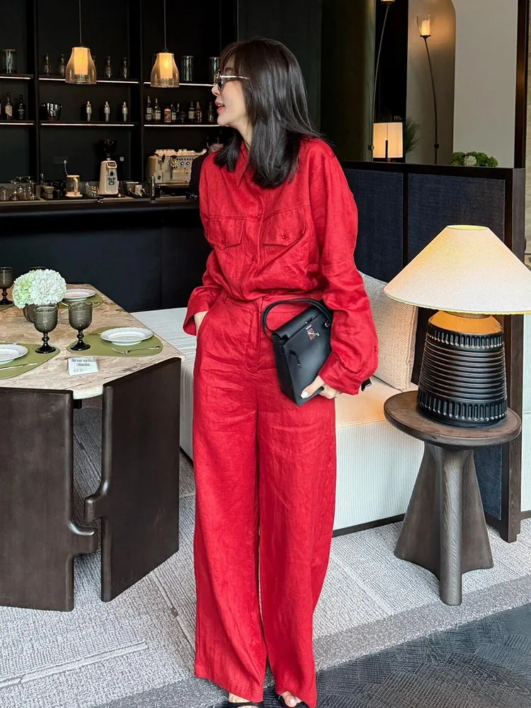 Red Shirt And Pants Set Women's Fashionable Complete Matching High End Feel European Style Long Sleeve  Collar Button down