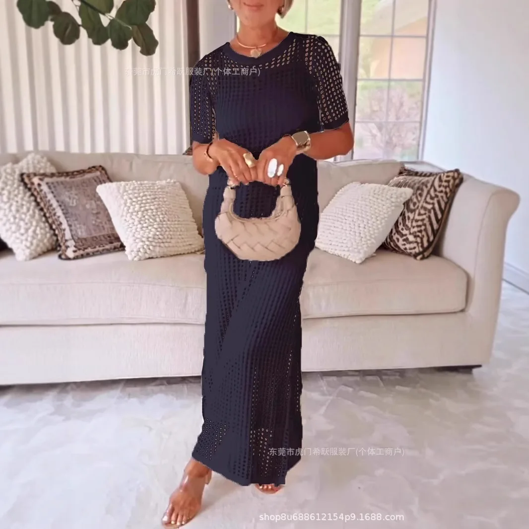 2025年ヨーロッパ新ファッションレディース無地カジュアルトレンドホローアウトOネック半袖ツーピースセット女性服