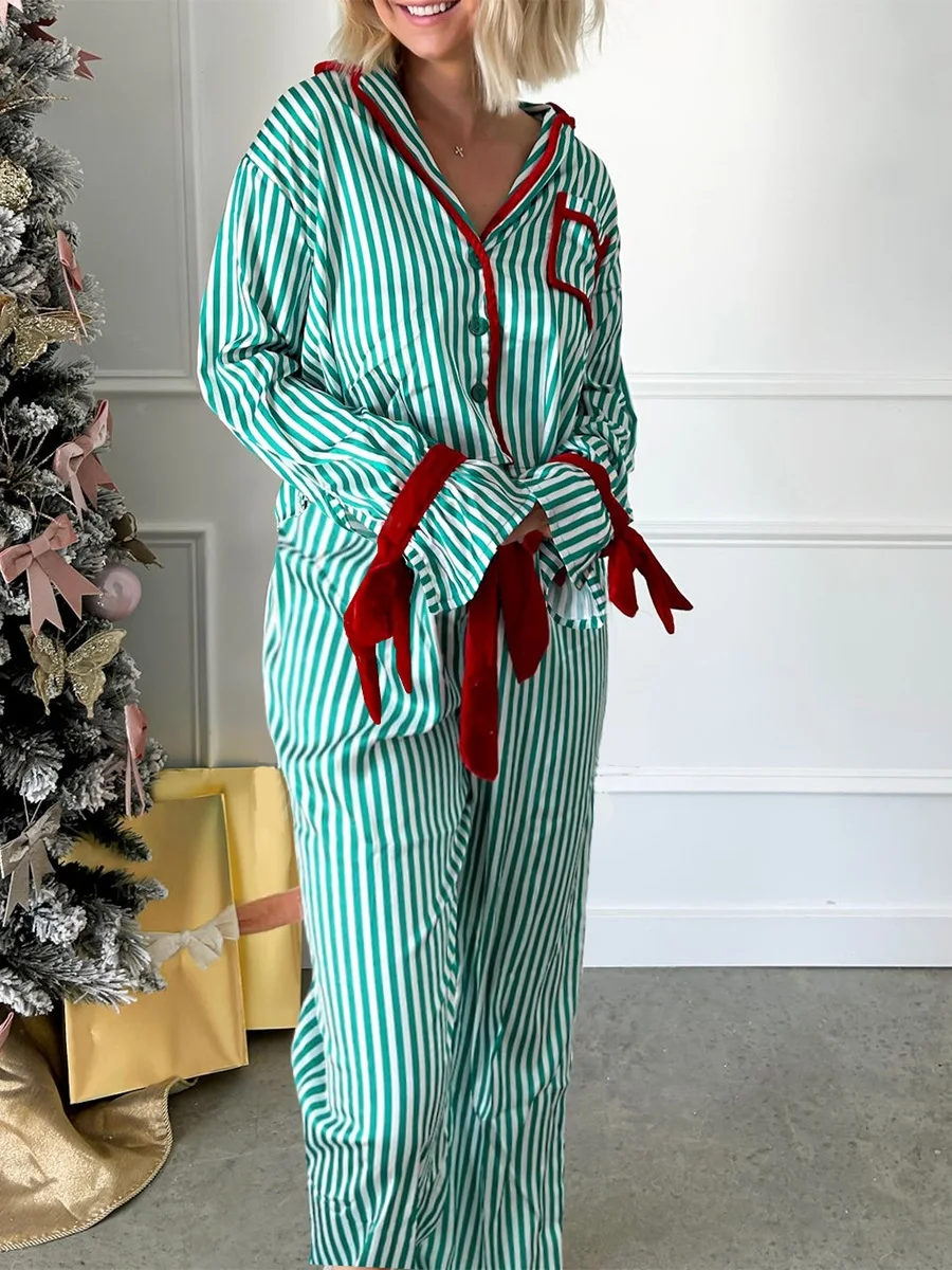 Womens Striped Pajama Set Long Sleeve Button-up Crop Tops Bow Long Pants 2 Piece Sleepwear Outfit