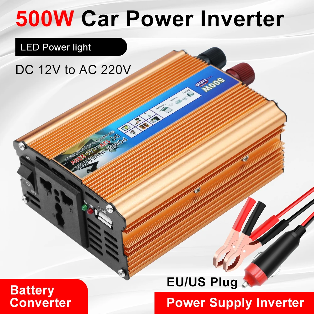 DC 12V To AC 220V Car Power Inverter Auto Power Supply Inverter Battery Converter 500W Portable USB Voltage Transformer