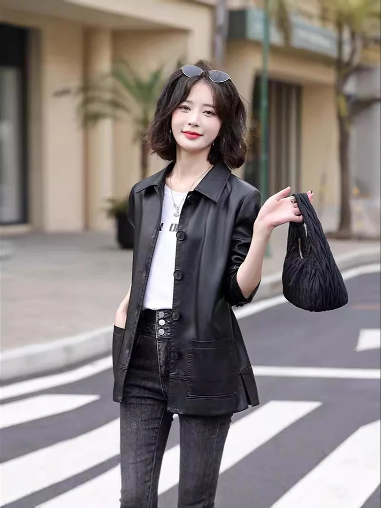 Chaqueta de cuero adelgazante con cuello vuelto para mujer, abrigo de cuero con una botonadura para ir al trabajo, primavera y otoño