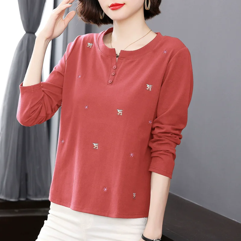 

Fashion O-Neck Button Casual T-Shirts 2025 Autumn Winter New Loose All-match Tops Commuter Tee Shirt