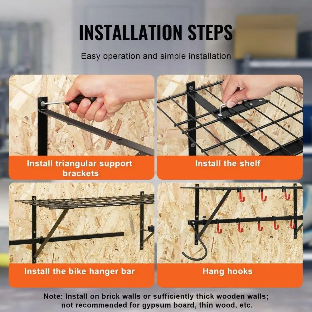 Bike Storage Rack Wall Mount Garage Bike Holder & 2 Shelves for 4 Bicycles