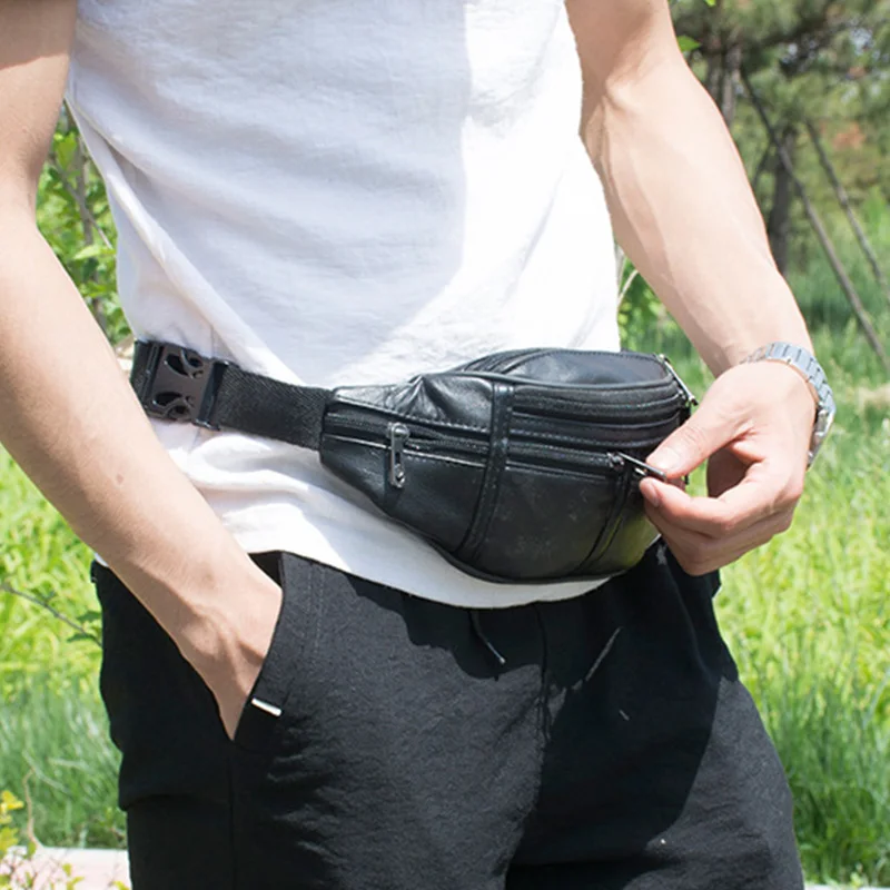 AEF5-Genuine Leather Male Waist Pack Fanny Pack Men Leather Belt Waist Bags Phone Pouch Small Chest Messenger For Man