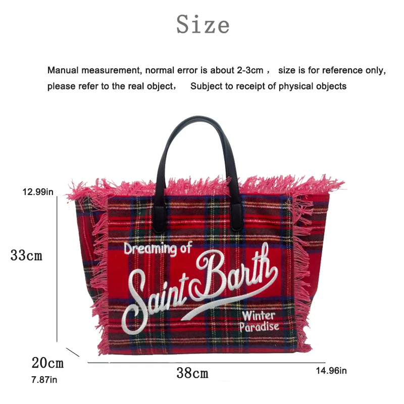 SAINT BARTH borsa Tote in lana con griglia per mille uccelli di grande capacità da donna nuova borsa fatta a mano con nappe