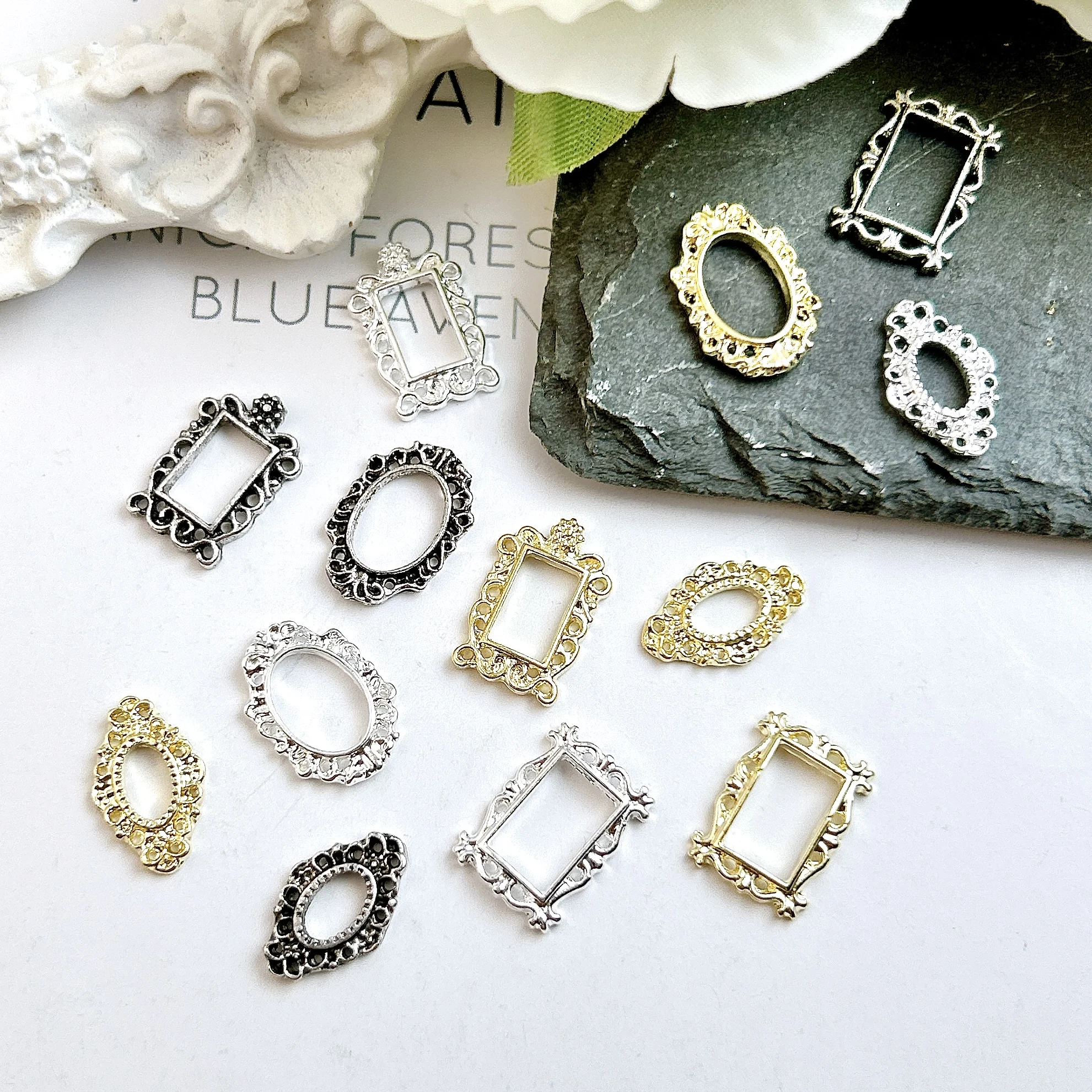 20PCS Minimalist Tricolors Square Oval Photo Frame Alloy Nail Art Charms 3D Light Luxury Hollowed Frame Nail Decorations for DIY