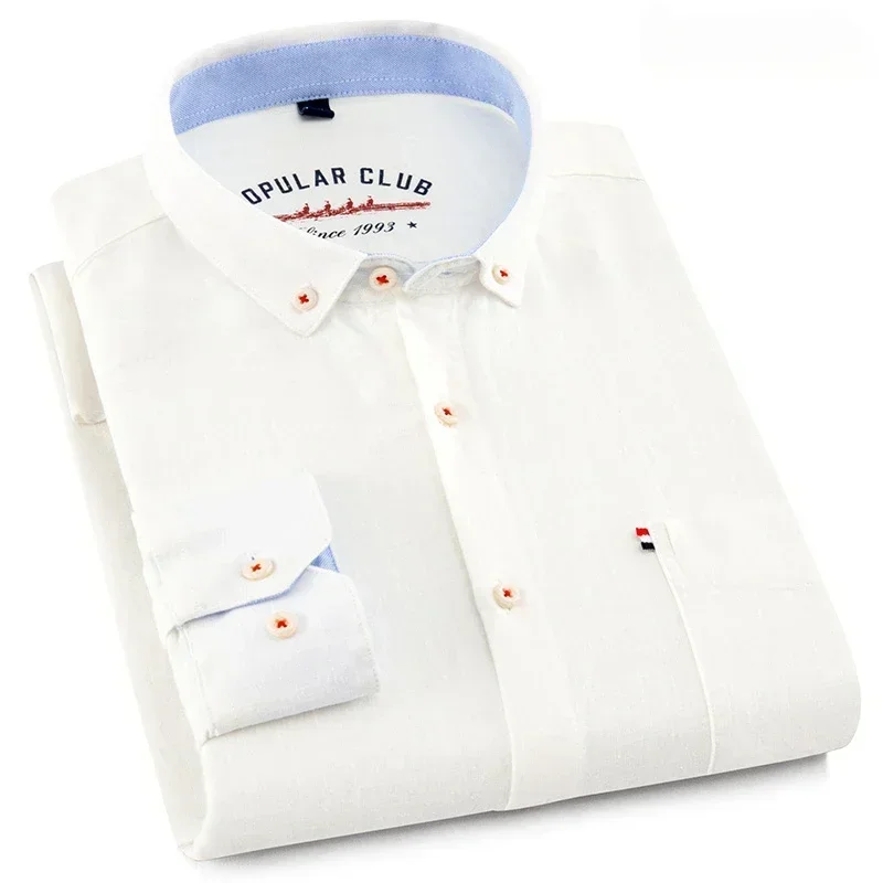 Fashion korean clothes Linen cotton Long-sleeve shirts for men slim fit Casual plain shirt single pocket designer white shirt