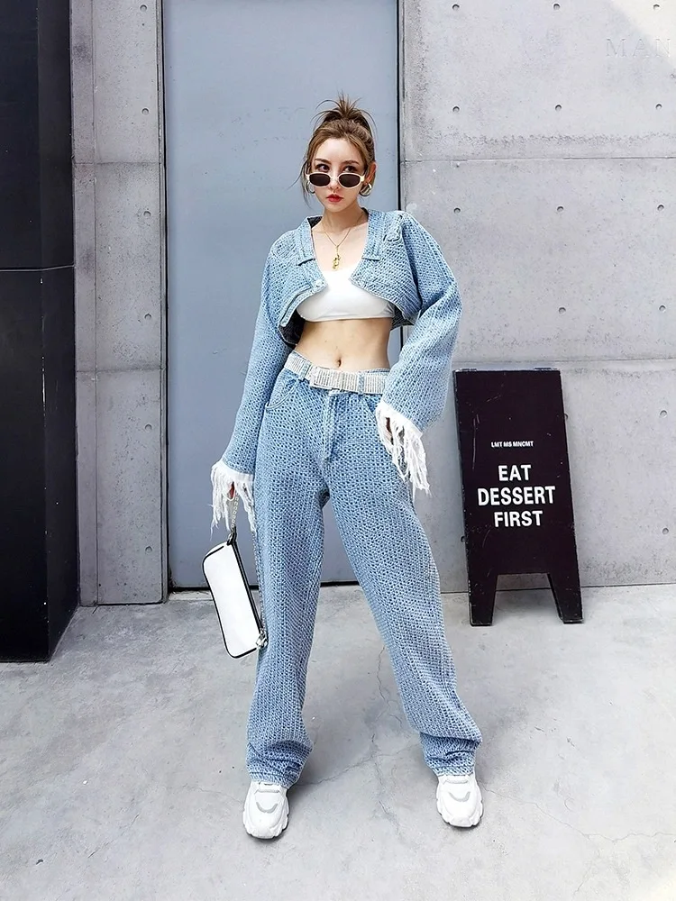 2023 Autumn New Pants Suits Women Long Tassel Sleeve Single Button Denim Short Jacket High Waist Full Jeans Two Piece Set Women