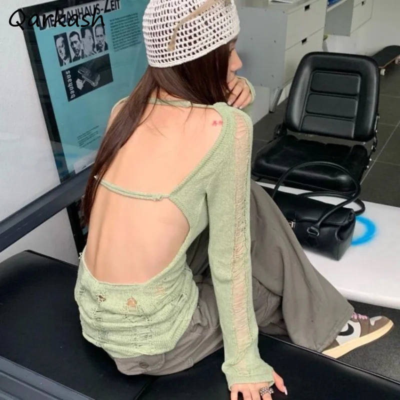 Backless Pullovers for Women Retro Vintage Ripped Sweaters Spring Summer All-match Y2k Clothes Thin Slim Sexy Streetwear Casual