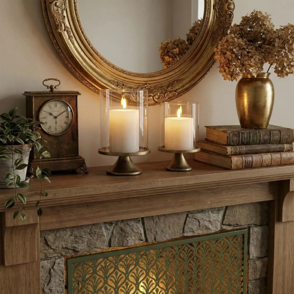 For Hurricane Candle Holder Set with Glass Dome and Iron Base for Pillar Candles Up to 4 Inch Diameter Gold Finish
