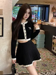 Sweet Knitted 2 Piece Set Women Long Sleeve Single Breasted Cropped Top Pleated Mini Skirt Autumn Spring Kawaii Fashion Outfits