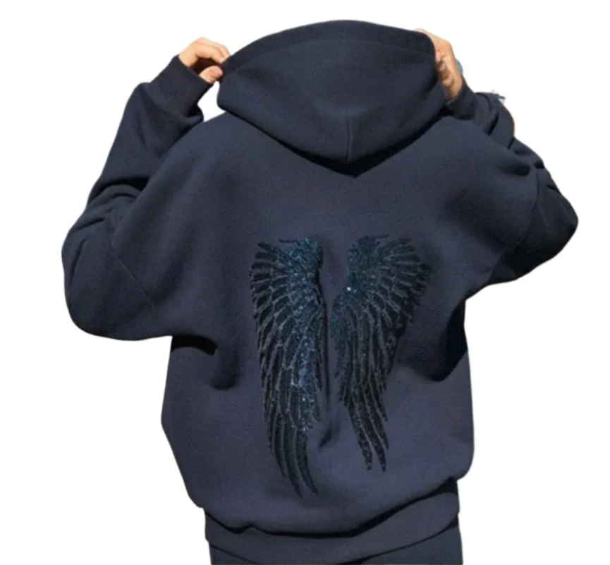 Retro Shiny Wings Print Long Sleeve Zip Casual Sweatshirt Fall Winter Women's Hoodie Pants Solid Color Streetwear