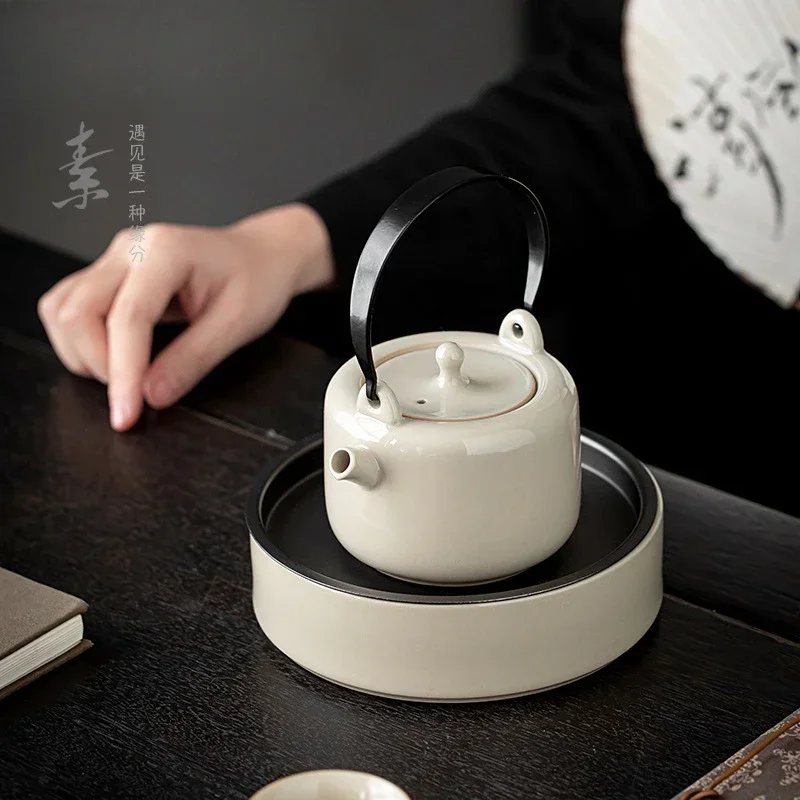 250ml Retro Grass Wood Ash Ceramic Teapot Handmade Hoop Handle Beam Pot Tea Soaking Kettle Drinkware Accessories Collection Gift