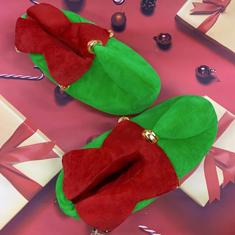 Trendy Multicolored Indoor Warm Slippers with Multiple Bells for Home Use Funny Christmas Day Family Matching Warm Cotton Shoes