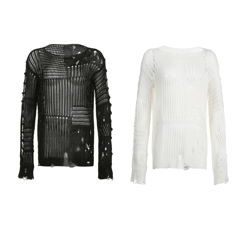 

N5KB Women's Loose Fit Long Sleeve Sweater with Unique Asymmetric Hollowed Knit Gothic Ripped Tops for Casual and Party Styling