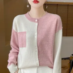 Autumn Winter New 100% Merino Wool Sweater Women's Clothing Round neck Knitted Cardigan Fashion Korean Color Blocked Jacket Tops