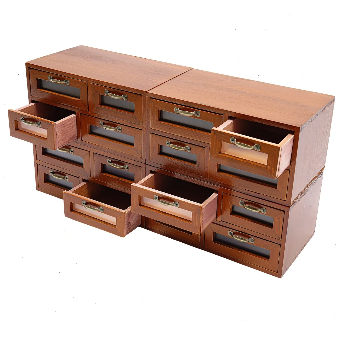 4 Pack Desk Organizer with 16 Drawers, Drawer Storage Box, Desk Apothecary Cabinet,  , Clear Door Design, Multi-Size Drawers for Small Items, Wooden Iron Structure, Office Home Organizer
