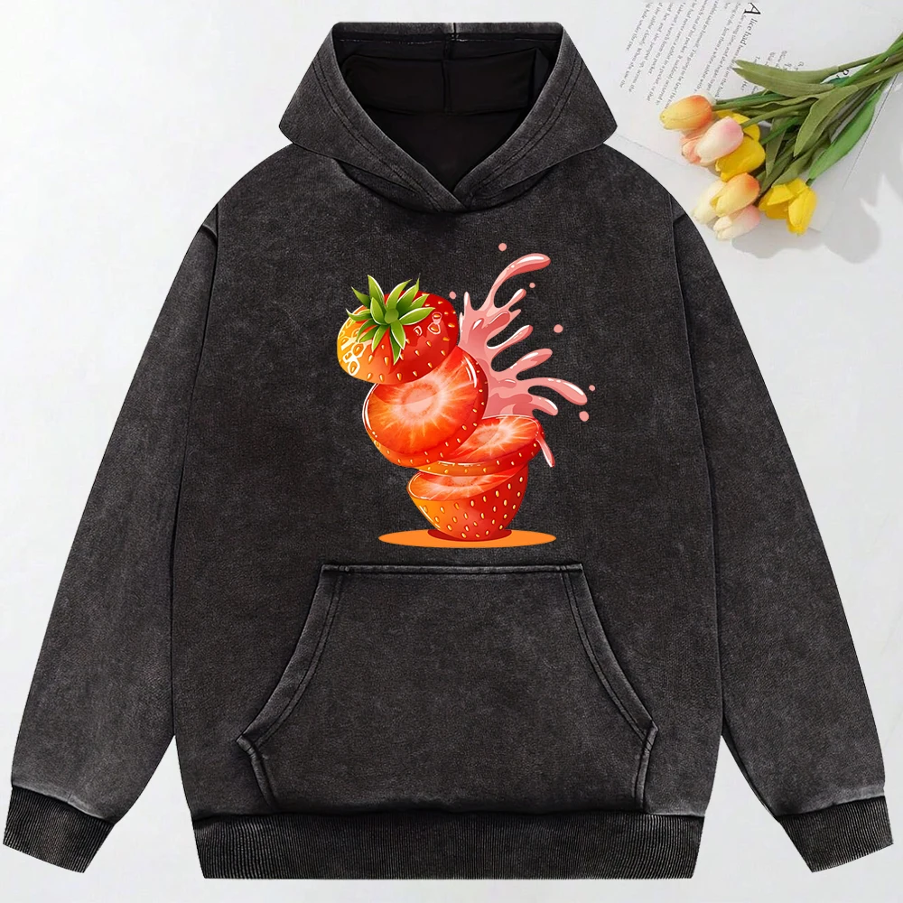 Creative Strawberry Juice Prints Washed Hoodie Y2K Couple Street Hoody Vintage Oversize Clothing Autumn Casual Sweatshirt