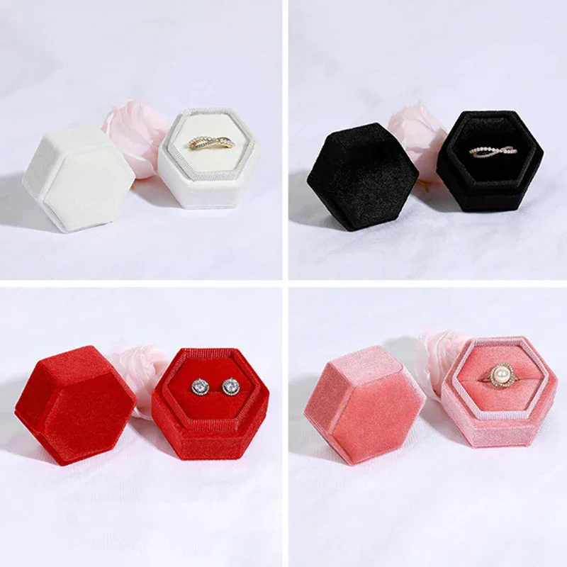 Hexagon Velvet Ring Box with Detachable Lid Jewelry Case Earring Holder Pendant Storage Box Simple Fashion Jewelry Packaging