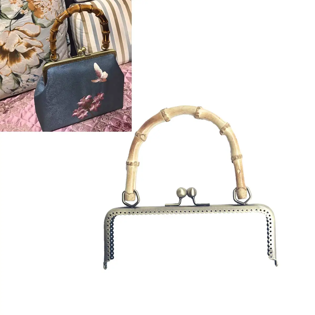 15Pcs Bronze Tone 20cm Long Rectangle Purse Clutch Frame Kiss Clasps Lock Bag Handbag Bamboo Wood Handle DIY Luggage Hardware
