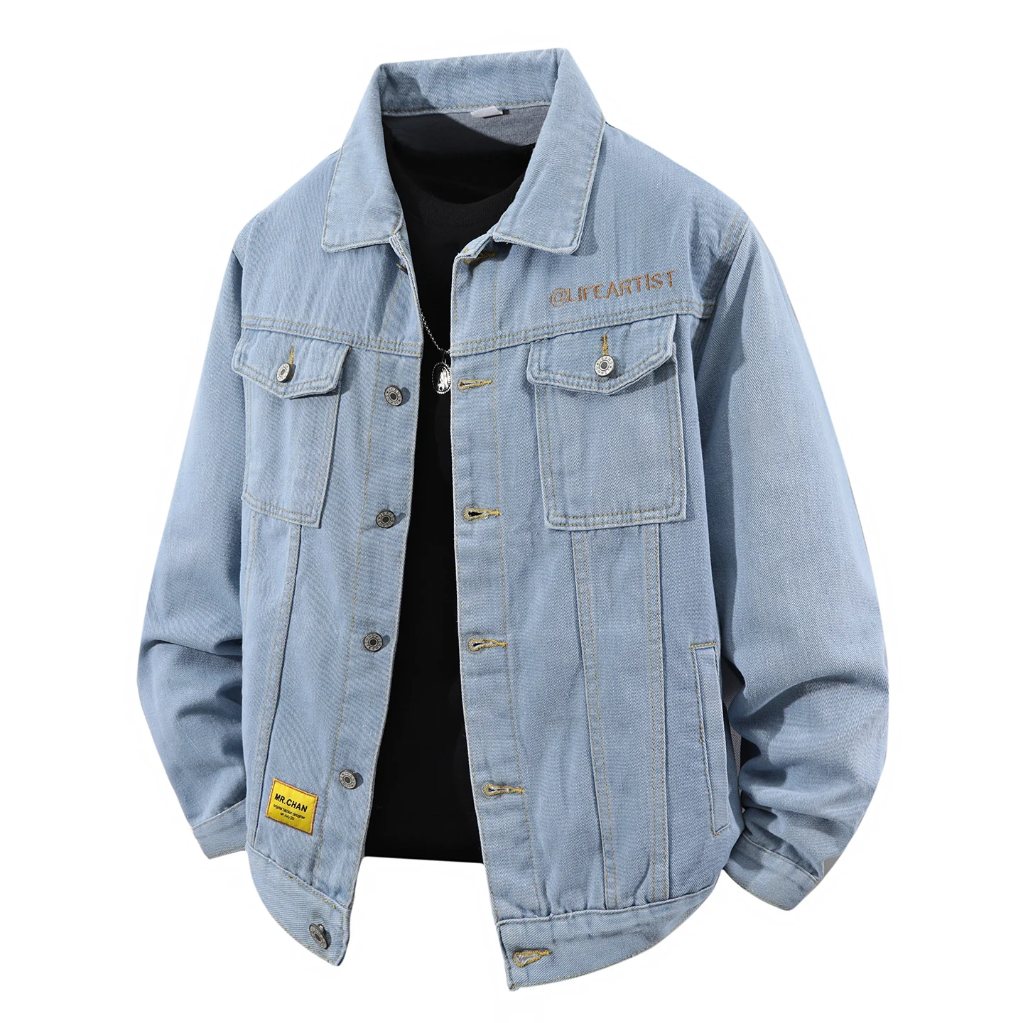 

High-quality, fashionable and stylish workwear style black lapel denim jacket, youth multi-pocket jacket, versatile top