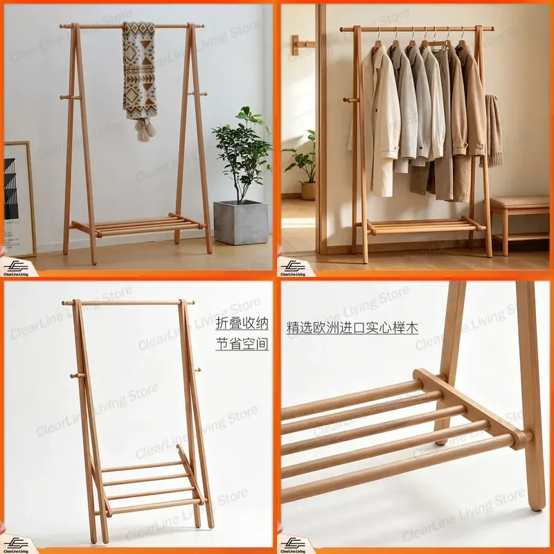 Japanese Style Log Floor to Ceiling Coat Rack Beech Multi Functional Clothes Hanger Bedroom Simple Solid Wood Hanger Cross