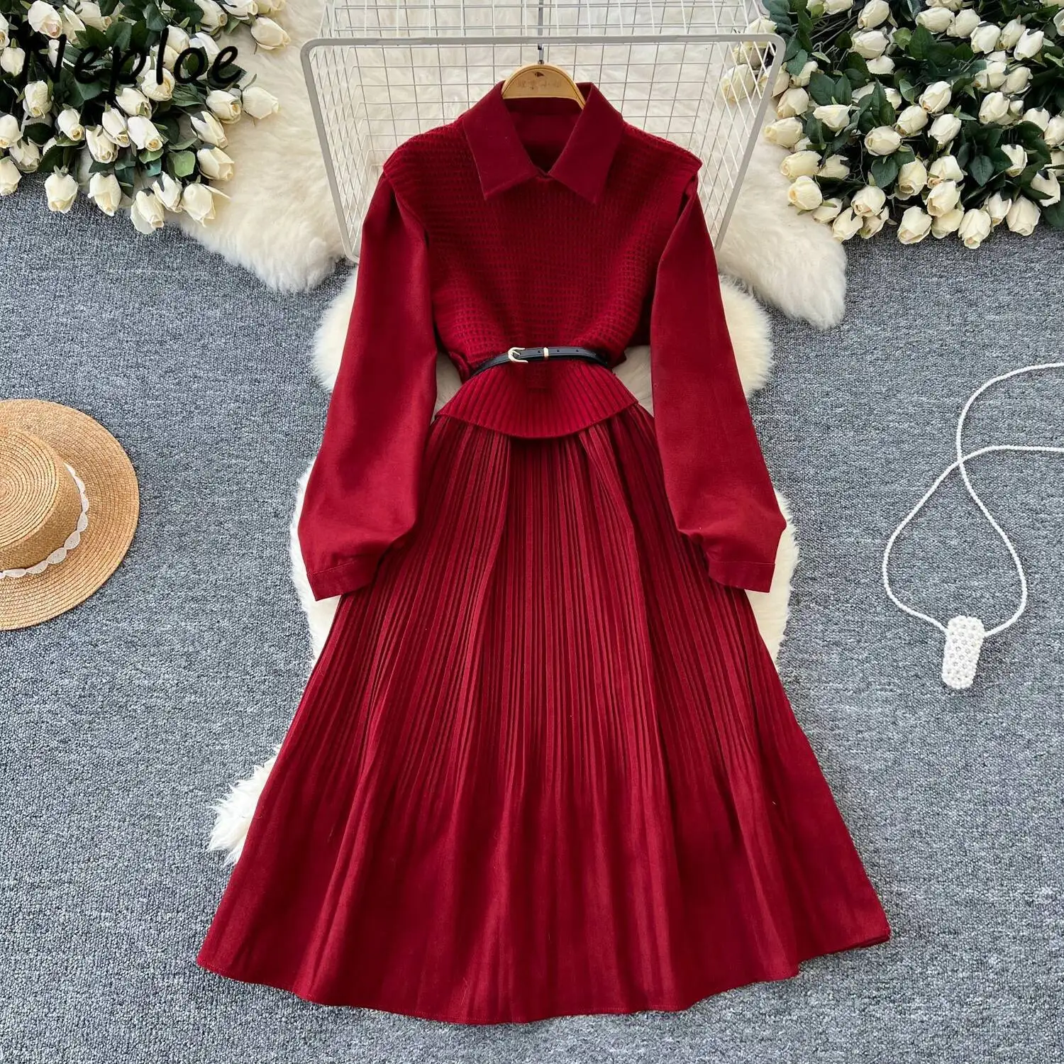 

BabYoung French Style Vintage Korea Advanced Mujer Minority Haruku Turn-Down Collar Knit Robe Vest Pleated Bottom Slim Set Dress