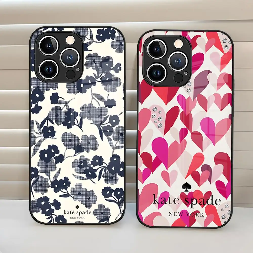 K-Kate S-Spade Flower Phone Case For IPhone 17 15 Pro Max 18 14 Pro 16 12 11 13 Mini X XR XS 8 7 Plus SE Glass Cover