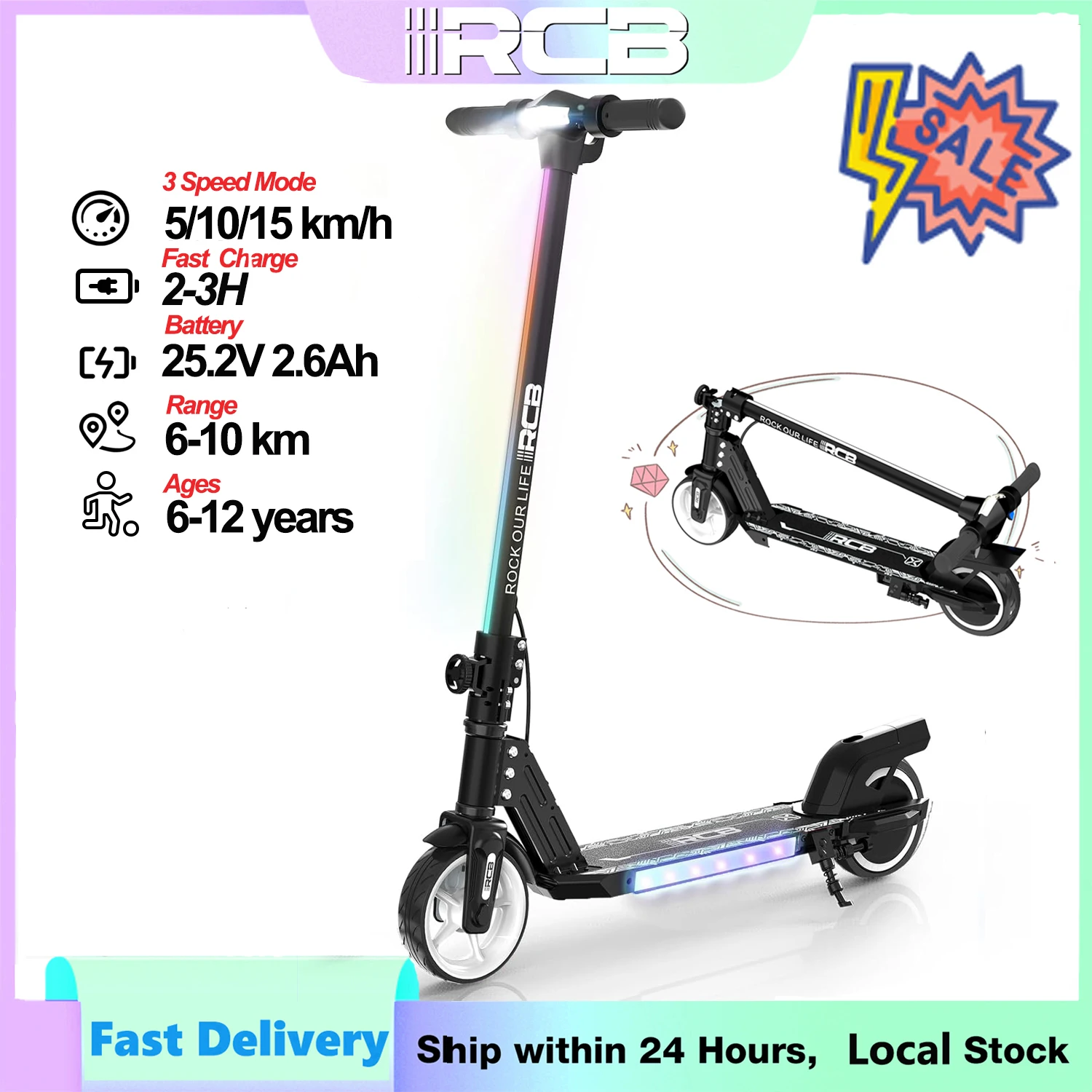 RCB R12 Trottinette Électrique Enfant 6-12 ans, Lumières RGB, Démarrage Non Nul, Double Freinage, Écran LCD, 3 Vitesses, Pliable