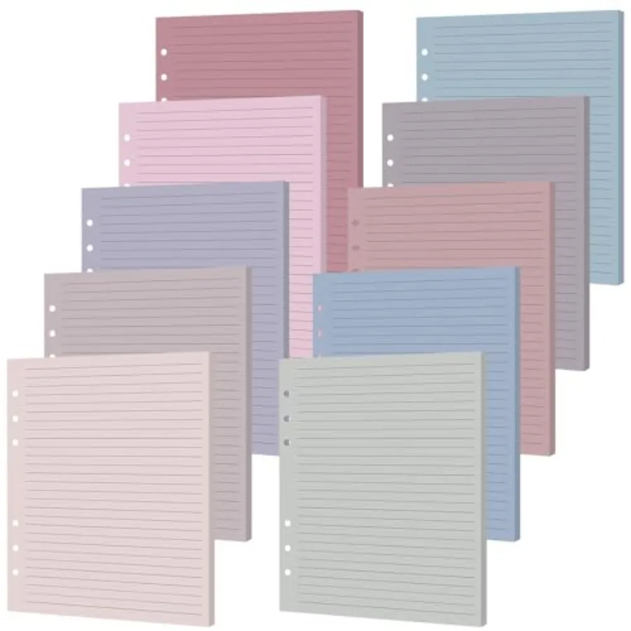 

100 Sheets A5 6-Hole Loose Leaf Papers 5.5" x 8.5" Lined Refills Paper Binder Inserts 10 Colorful Line Paper for Mini 6 Ring Bi
