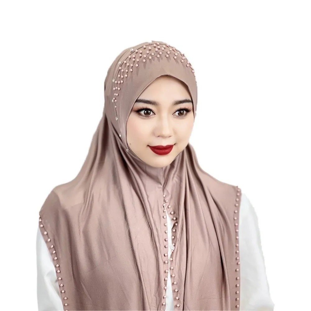 Convenient Soft Beaded Instant Hijab Stretch Breathable Malay Headscarf Easy Wrap Solid Color Pull-On Turban Formal