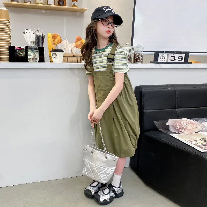 

Girls Skirt Summer Strap Skirt Thin 2024 New Foreign Style Children Skirt Korean Version Summer Children Simple Casual Dress