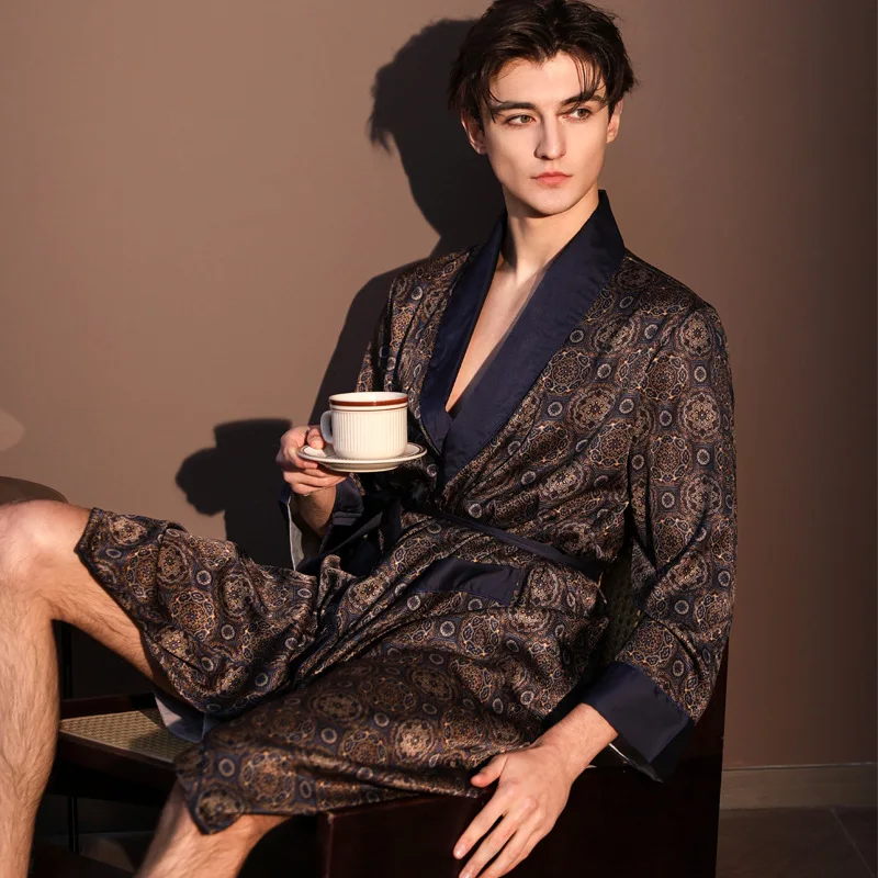 Fashion Lapel Nightgown Men's Casual Robe Kimono Bathrobe Satin Jacquard Yukata with Belt Spring Summer Sleepwear Home Clothes