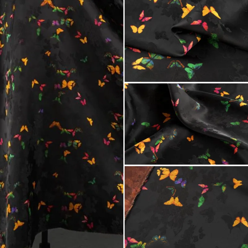 

L100cm X W145cm Jacquard Fabric for Home Black Colorful Butterfly Print Chinese Blouse Silky Smooth Breathable Apparel Material