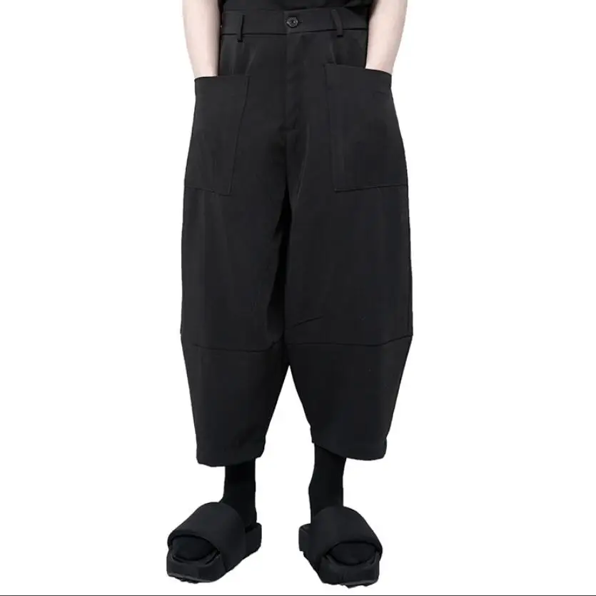 

Plus Size Original Men's Fashion Casual Big Pocket Cropped Harem Tapered Pants Male Singer Stage Performance Clothing 27-46