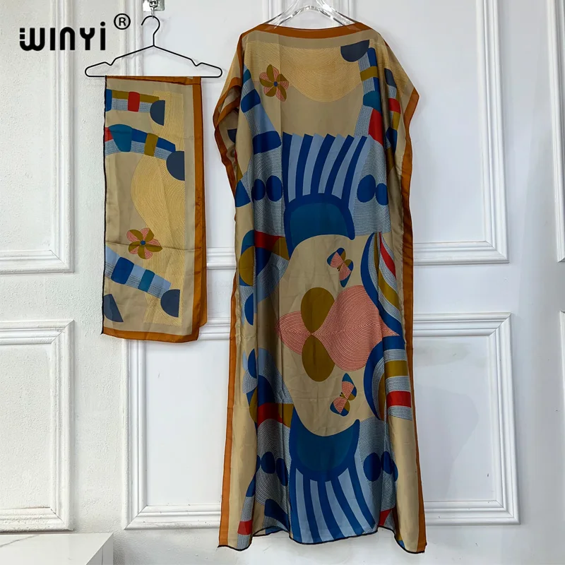 

WINYI 2024 New African Women Dashiki boho print muslim woman dubai Free Size Design With Scarf Maxi Loose African Elegant Dress