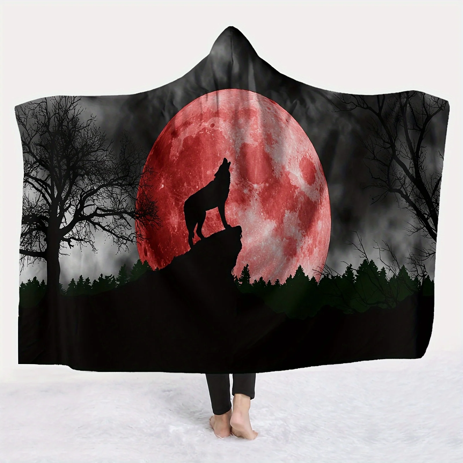 Launch 1pc of Wolf Pattern Hooded Blanket, Digital Printed Flannel Throw, Magic Hat Blanket, Soft And Warm Blanket