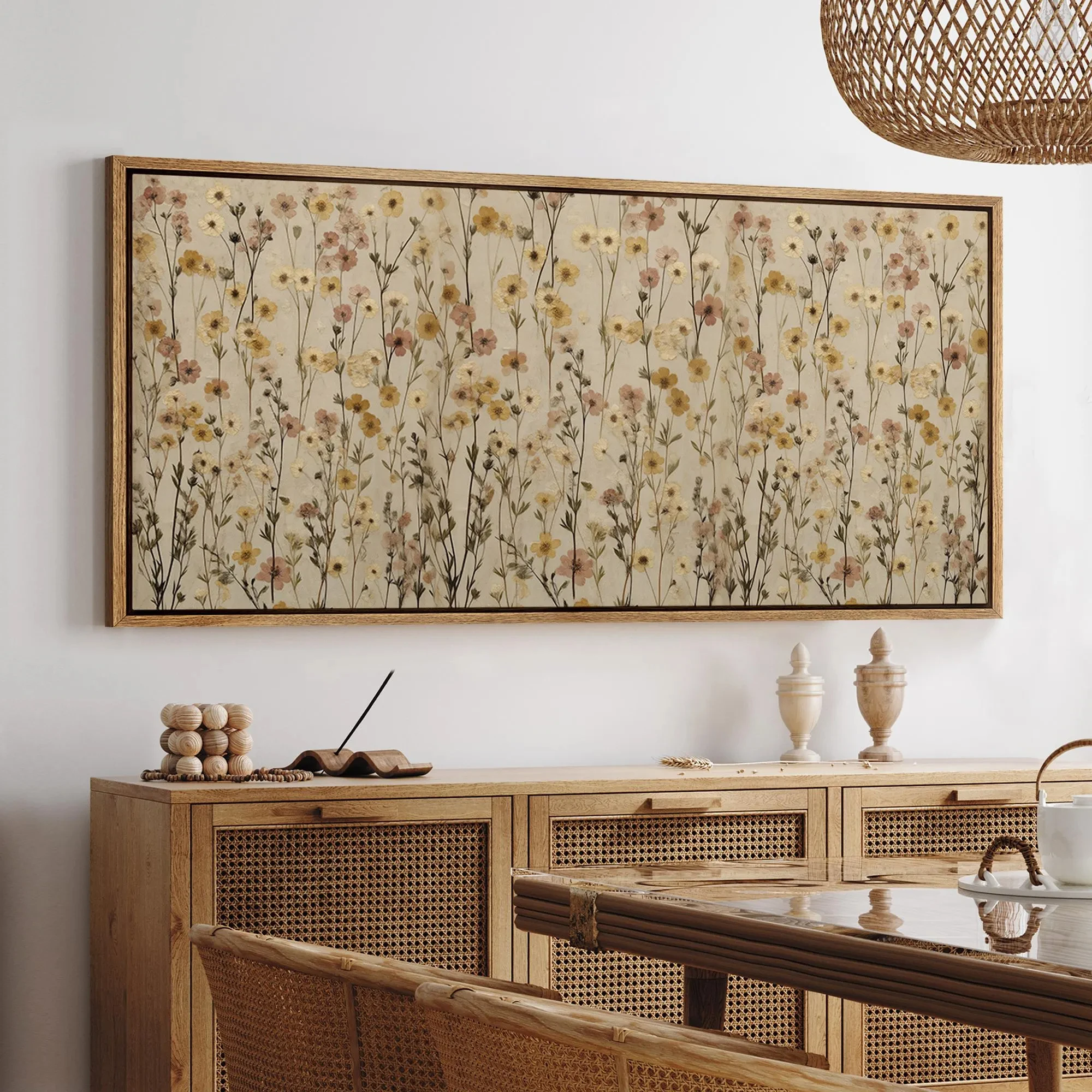 Large Pressed Wildflower Wall Art Neutral Beige Botanical Canvas Print Cottagecore Decor for Living Room Farmhouse Bedroom