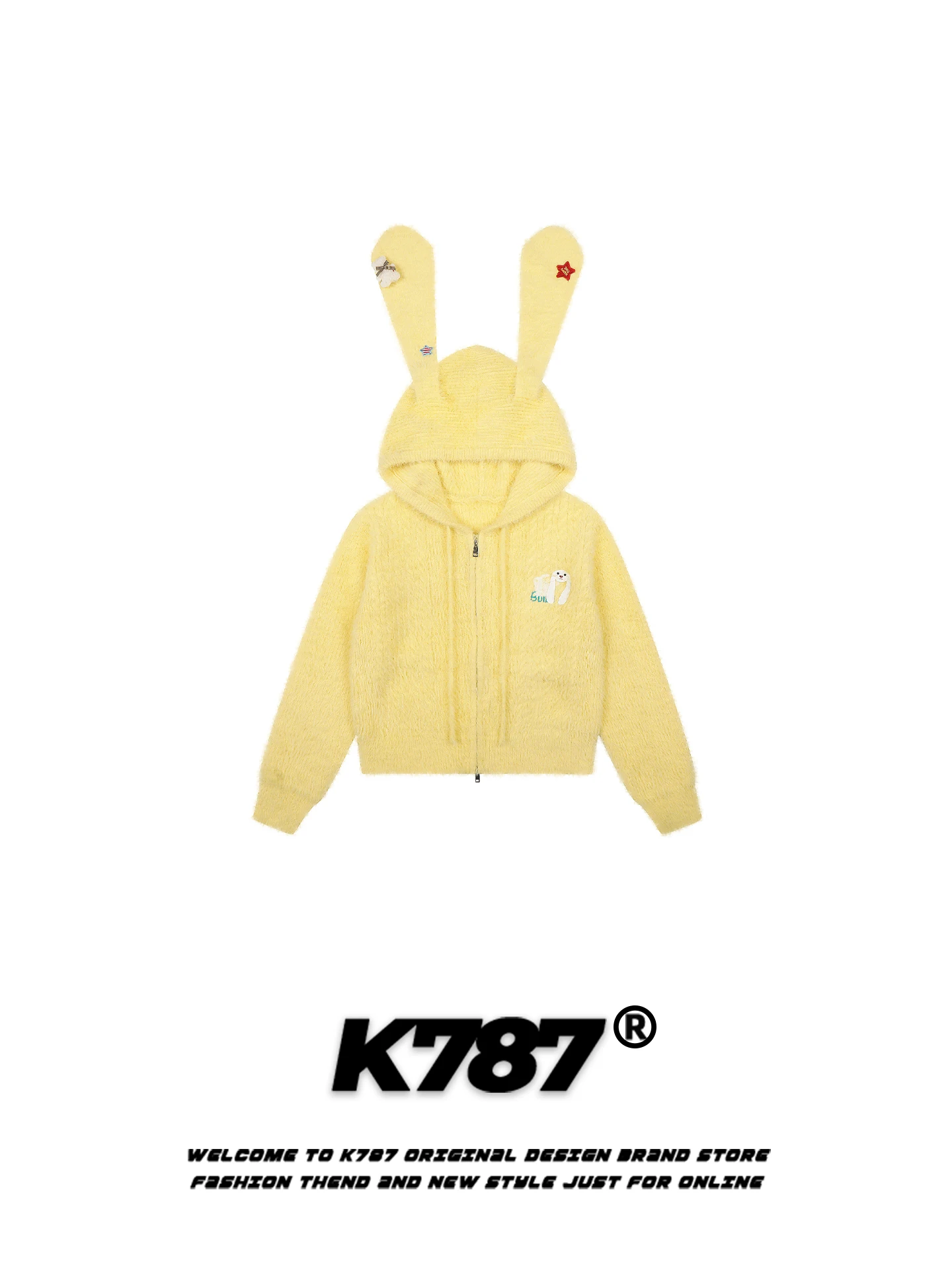 

K787 Американский повседневный женский вязаный свитер с шапкой-ушками кролика, на молнии, теплый, для школы, мягкий и молодежный