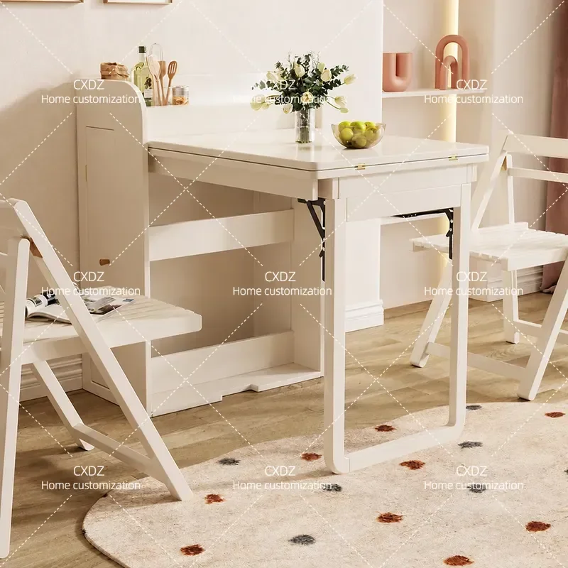 White Foldable Dining Table with Solid Wood Chairs Modern Simple Storage Side Cabinet Integrated Set for Small Apartment