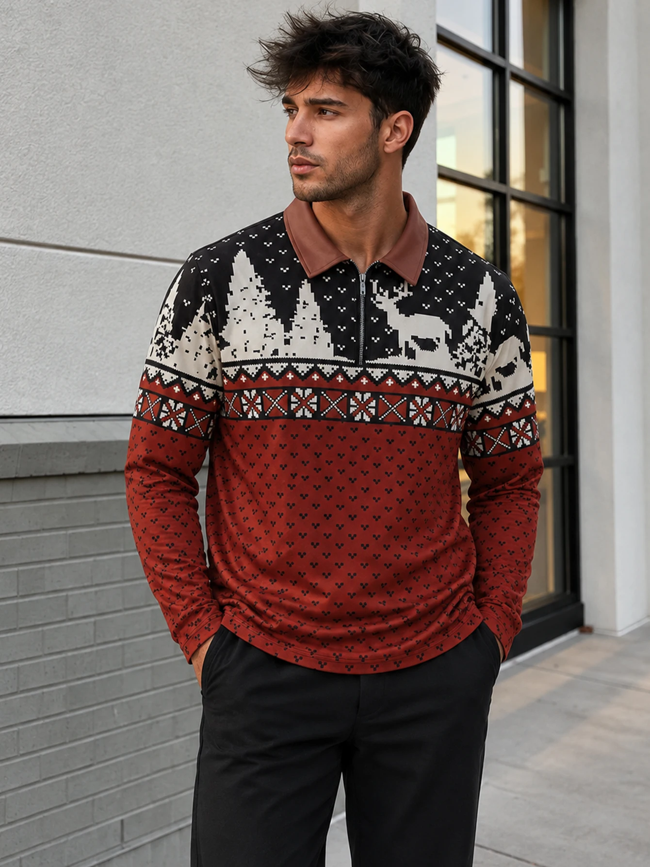 Vintage Nordic Fair Isle Print Men Long Sleeve Polo Shirt, Quarter Zip Winter Christmas Casual Tops