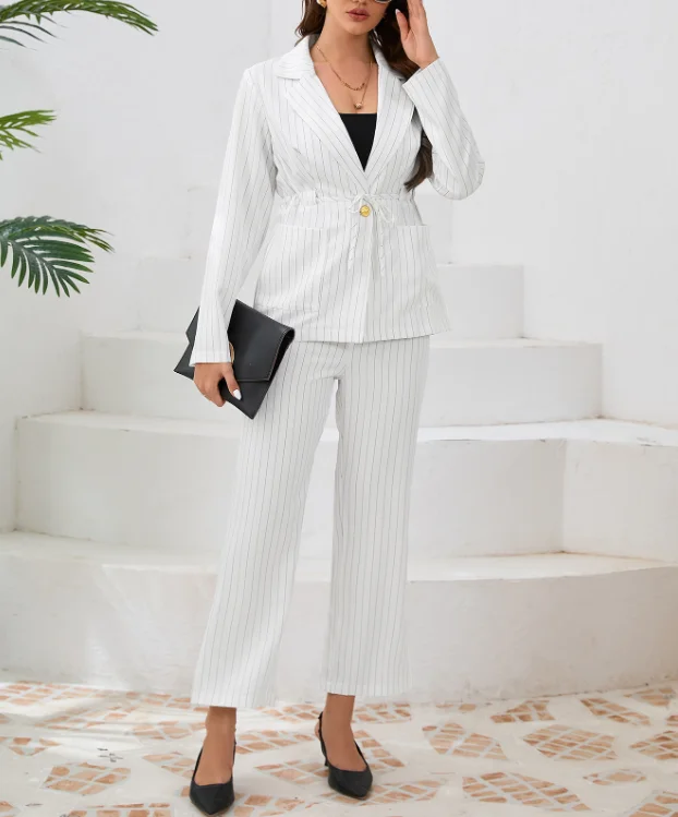 Elegant Two Piece Set for Woman Casual Striped Lapel Slim Fit Drawstring Suit Jacket Straight Leg Pants Women's Long Pants Set