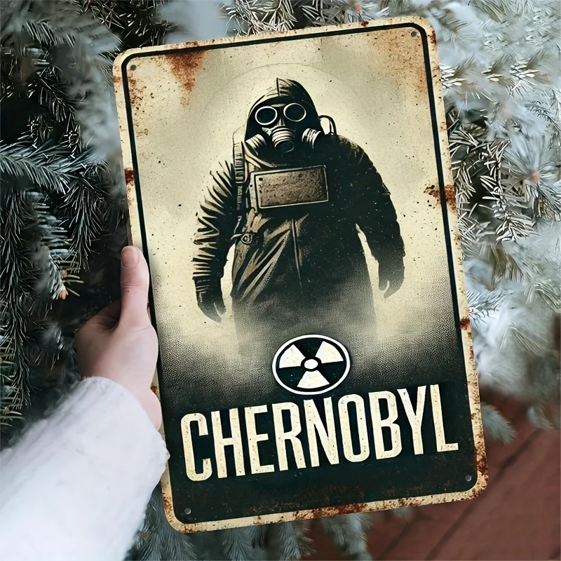 Vintage Chernobyl Metal Sign - Humorous Retro Wall Art with Gas Mask & Radiation Symbol, Durable Indoor/Outdoor