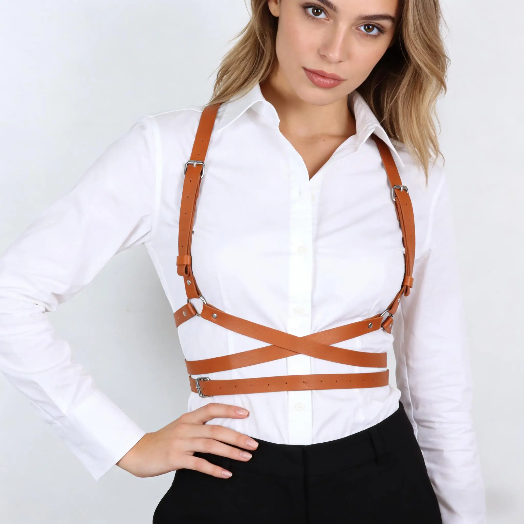 Women's Fashion Body Shaping Strap, Waist to Shoulder PU Leather Body Safety Belt, Gothic Waist Belt, Casual Decoration Belt