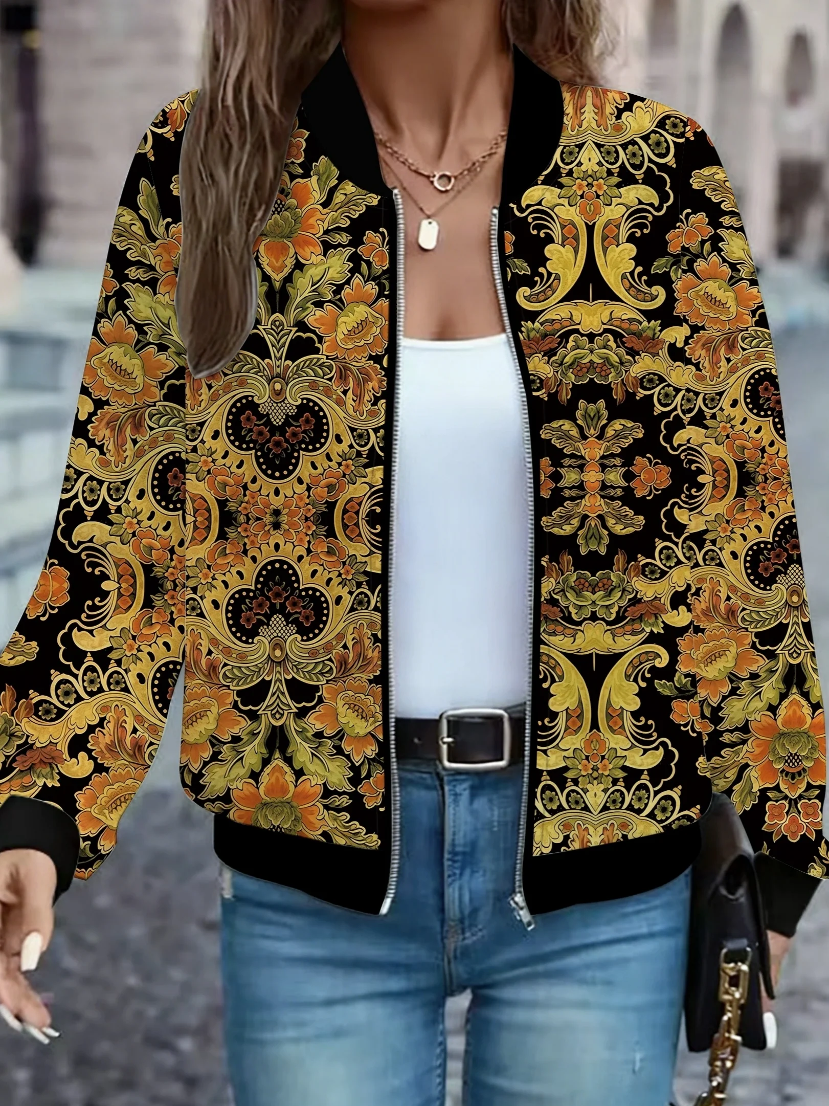 Black Base with Gold European-Style Floral Pattern Zip-Up Cardigan Jacket, Vintage Court-Style Casual Jacket Top
